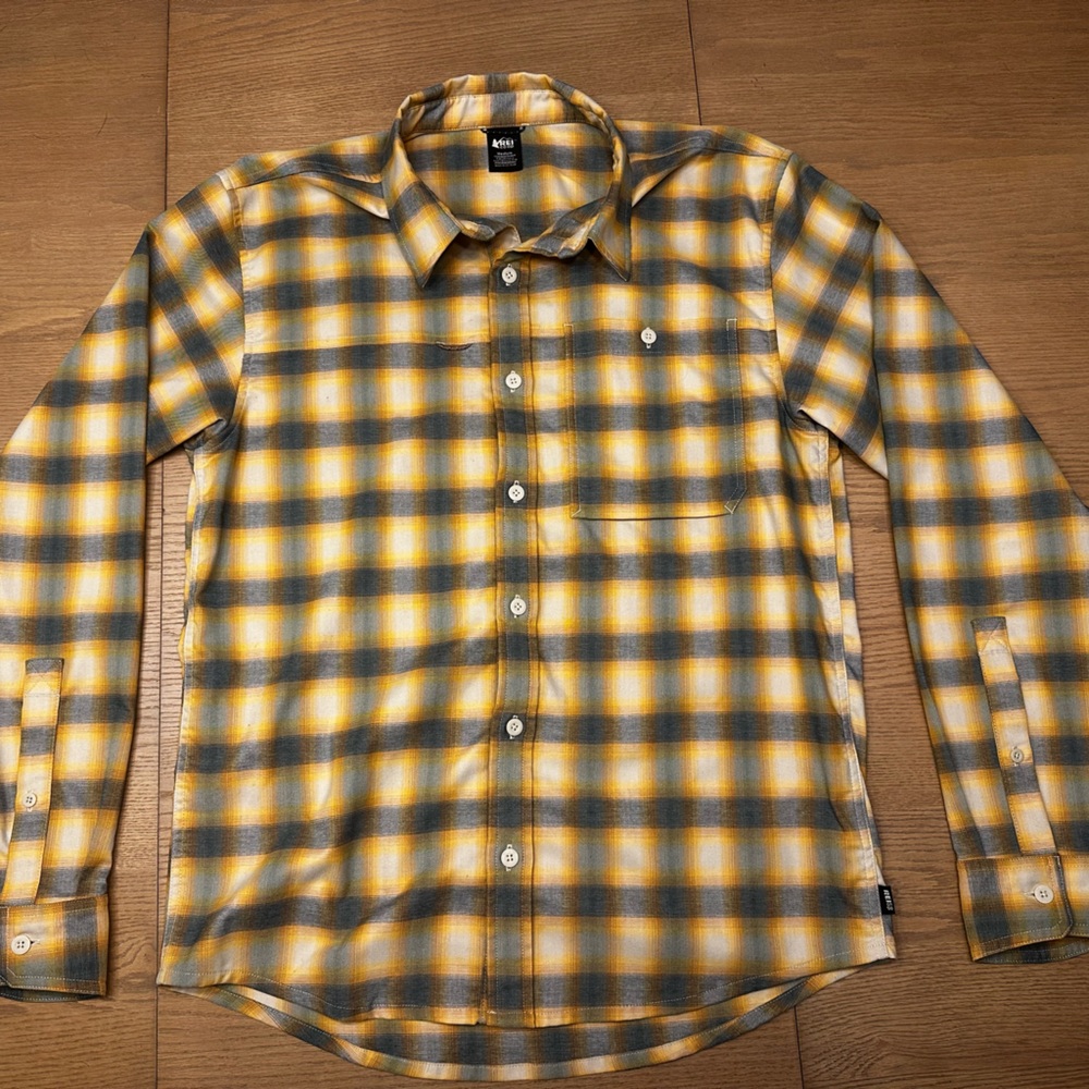 REI Coop Mustard and Charcoal Plaid Shirt